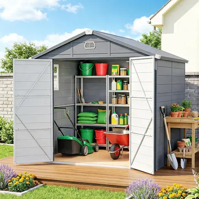 Produktbild von Gartenhaus Geräteschuppen, Gerätehaus Kunststoff mit Boden, 10 mm PP aluminiuverstärkt, Dunkelgrau  |  UV-beständig  |  240x190x228 cm