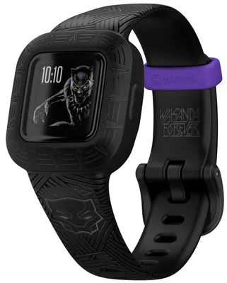 A close-up product shot of a black Garmin vivofit jr. 3 activity tracker with a Black Panther theme.