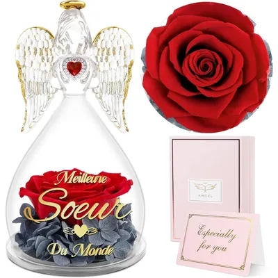 Image de Figurine d'ange avec une rose éternelle, présentée sous un dôme en verre, cadeau pour une sœur