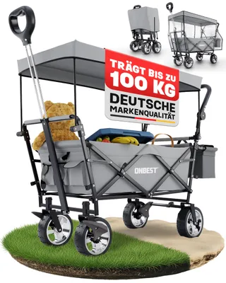 Produktbild von ONBEST Bollerwagen | faltbar | mit Dach | mit Regenschutz | 100 kg | Kühltasche | Wetterfest | UV30+