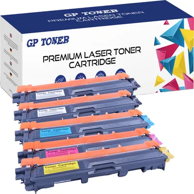 A box of GP Toner premium laser toner cartridges is shown with several cartridges stacked in front of it.
