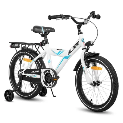 Produktbild von HILAND Rocket 18 Zoll Kinderfahrrad Mountainbike mit Gepäckträger Stützrädern, Kinder MTB für Jungen und Mädchen ab 4 5 6 7 8 Jahren, Weiß