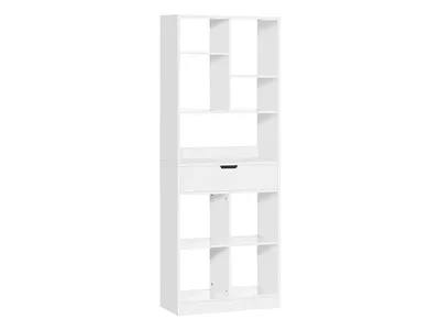 A white bookshelf with multiple shelves and one drawer, shown against a white background.