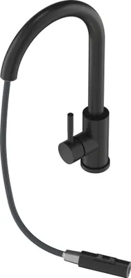 A black kitchen faucet with a pull-out spout is shown against a white background.