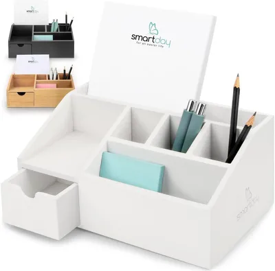 Image de Organisateur de bureau en bois blanc, avec tiroir et boîte à stylos, pour le rangement au bureau