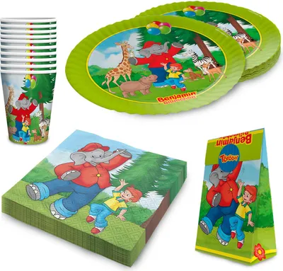 Produktbild von Benjamin Blümchen Partyset 100-tlg – Geschirr, Servietten & 20 Geschenktüten