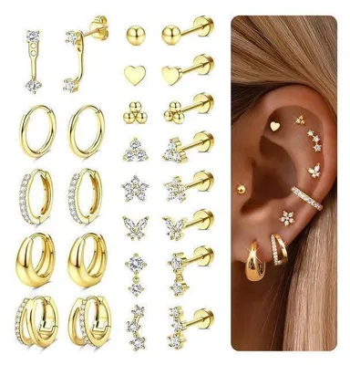 Obrázek produktu pro 13 párů náušnic pro ženy, chirurgická ocel, zlato, stříbro, helix, piercing, kruhové náušnice, tragus, sada šperků
