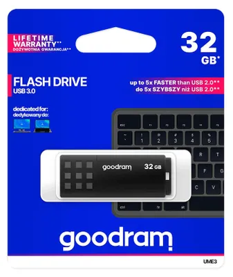 Obrázok produktu pre Goodram UME3, 32 GB, USB Typ-A, 3.2 Gen 1 (3.1 Gen 1), 60 MB/s, Čiapky, Čierna