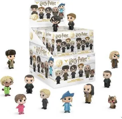 A collection of Harry Potter Funko Mystery Minis vinyl figures displayed around a cardboard display box.