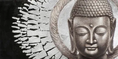 Produktbild von Fine Asianliving Malerei Buddha Gesicht Schwarzer Hintergrund Landschaft Metallfolie 3D B140xH70cm