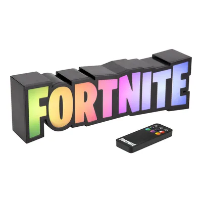 A Fortnite RGB logo lamp and its remote control are shown against a white background.