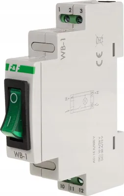 A close-up, angled view of a white electrical switch with a green toggle and green terminal screws, set against a plain white background.