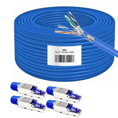 Produktbild von ARLI Cat8 Verlegekabel 50m Cat 8.1 Netzwerkkabel + 4x RJ45 Netzwerkstecker Werkzeuglose Montage