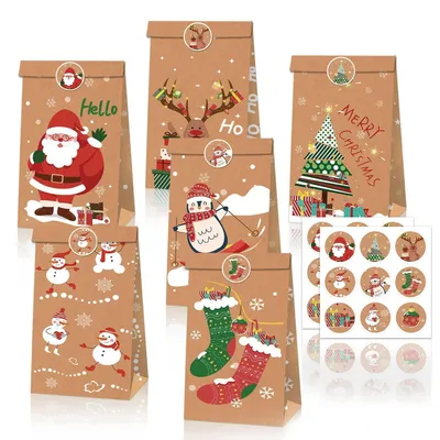 Image de Lot de 12 sacs en papier décorés pour Noël, avec des autocollants, dimensions 22x12x8 cm, en papier kraft