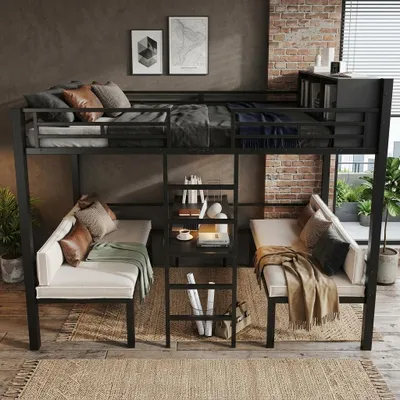 Productafbeelding van Stapelbed van 120 x 200 cm met 2 slaapplekken van 60 x 120 cm, metalen bed met sofafunctie, plank en rechte ladder, zwart, AI-gegenereerde afbeelding