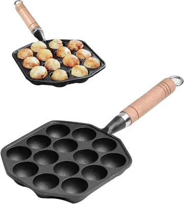 Obrázek produktu pro Omgoods – Pánev na takoyaki, 14 otvorů – Litina – Nepřilnavý povrch – Odnímatelná rukojeť – Vhodná pro sporák/indukční vařič – Kompaktní design – Grilovací pánev