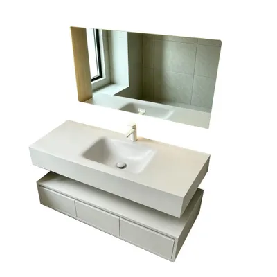Produktbild von Wandhängendes Badmöbel-Set mit Sinterstein-Waschbecken, LED-Spiegel mit Anti-Beschlag-Funktion und Schublade 120×55 cm【RWC913-120】