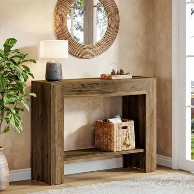 Zdjęcie produktu dla Stolik konsolowy Tribesigns 105 cm w stylu rustykalnym, dwupoziomowy stolik do przedpokoju z miejscem do przechowywania, wąski stolik do postawienia za sofą w salonie, przedpokój