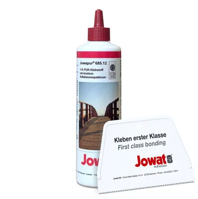 Produktbild von Jowat Jowapur 685.12 1K PUR Montagekleber D4 braun 0,5 kg Set inkl. Leimspachtel – Klebstoff für Holz, Türen, Fenster & Möbelbau & Außenanwendungen