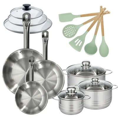 Image de Lot de 3 Poêles 20/24/28cm et 3 Faitouts 16/20/24cm avec couvercles Fackelmann Etherna avec 5 ustensiles