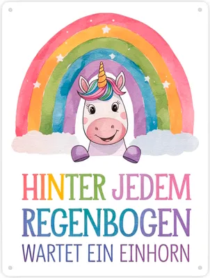 Produktbild von Lächelndes Einhorn Metallschild XXL in 28x38 cm Hinter jedem Regenbogen