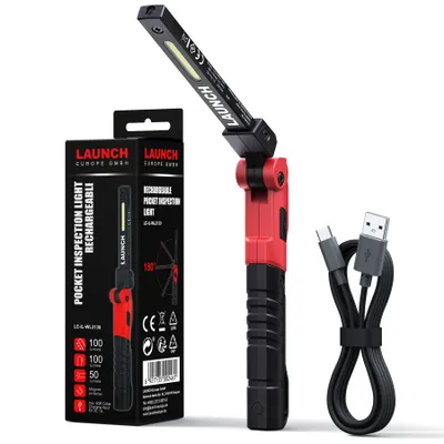 A red and black LAUNCH pocket inspection light with a USB charging cable and its packaging.