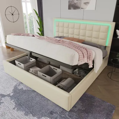 Immagine prodotto di Letto imbottito 140x200 cm con rete a doghe, spazio contenitore e illuminazione LED, rivestito in ecopelle bianca. Struttura del letto senza materasso, ideale per la camera da letto