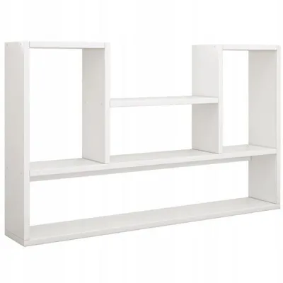 A white, modern loft-style bookshelf against a white background.