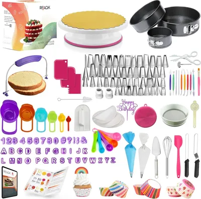 Produktbild von Zubehör für Tortendekoration – Set zur Tortendekoration mit 3 Springformen, Drehplatte für Kuchen und Torten, Werkzeug für die Tortendekoration mit Backzubehör – ideal für Anfänger und Hobbybäcker
