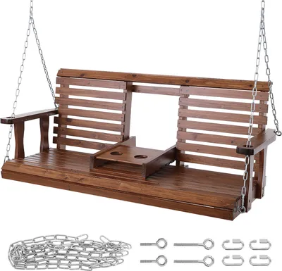 Image de SucceBuy Balançoire de véranda en bois de 1,5 m, balançoire de banc de jardin de terrasse, capacité de charge améliorée de 400 kg, banc de balançoire robuste avec chaînes suspendues pour l'extérieur, marron