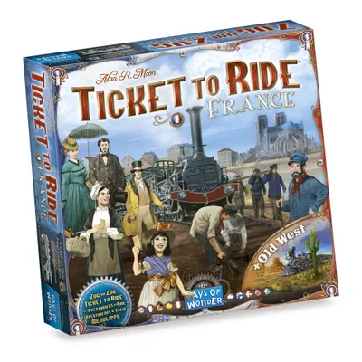 The image shows the box for the board game "Ticket to Ride: France". The box art depicts a scene with people in historical clothing, a steam train, and buildings reminiscent of France, along with a smaller inset image of the "Old West" version of the game.