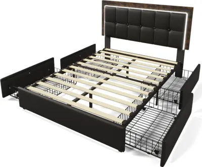 Produktbild von Polsterbett 160x200cm Doppelbett (Ohne Matratze) Funktionsbett PolyurethanSchwarz Höhenverstellbarem Kopfteil Mit LED-Beleuchtungsleiste und 4 Schubladen