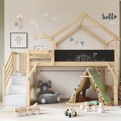 Productafbeelding van Stapelbed 90 x 200 cm, kinderbed met dakontwerp, tafel, 3 opbergvakken in de trap, valbeveiligingsrek, grenen + MDF + multiplex, wit + naturel