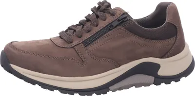 A side view of a brown leather sneaker with a zipper.