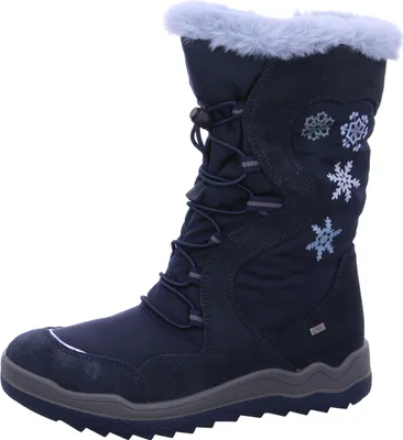 A single blue winter boot with snowflake designs.