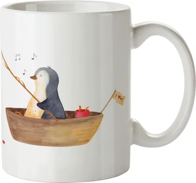 Produktbild von Mr. & Mrs. Panda Tasse Pinguin Angelboot - Weiß - Geschenk, Boot, cappuccinotasse, Trinkbecher, Optimistisch, kaffeebecher keramik, Angeln, Bedruckte, schöne