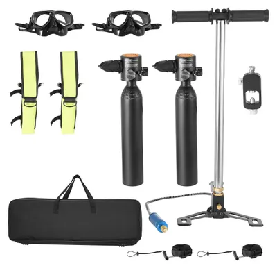 Imagen del producto de VEVOR - Tanque portátil para botellas de buceo (capacidad de 0,5 L por botella), bombona de oxígeno para buceo con bomba, que permite hasta 5-10 minutos de respiración bajo el agua, con una profundidad máxima de 30 metros. Tanque de aire recargable para snorkel