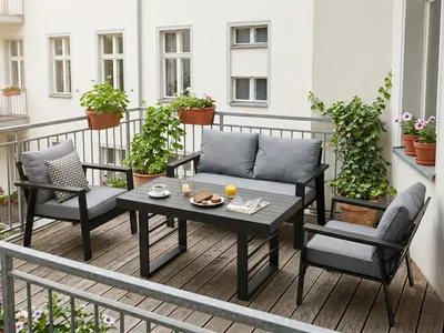 Produktbild von MeXo Gartenmöbelset Aluminium, 4 Personen, Ergonomische Rückenlehne mit Kissen & Hoher Esstisch, Outdoor Balkon Garten (Sitzgruppe, schwarz)