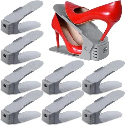 Image de Lot de 10 étagères à chaussures réglables en hauteur / empileurs de chaussures / supports à chaussures, 3 niveaux réglables, peu encombrants, antidérapants, en plastique gris