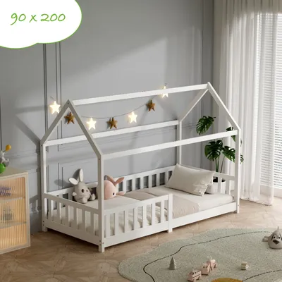 Produktbild von Kinderbett 90x200 mit Rausfallschutz und Lattenrost, Hausbett - Kinderbett 90x200 für Kinder - Kinderbett Hausbett 90x200 Weiß