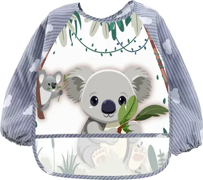 A baby bib with long sleeves featuring a cartoon koala design.