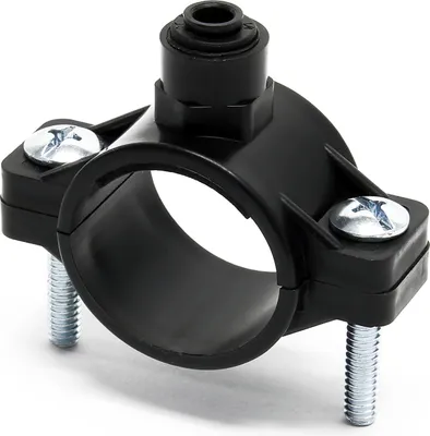 A black plastic saddle clamp with silver screws and bolts, designed to attach to a pipe and provide an outlet.