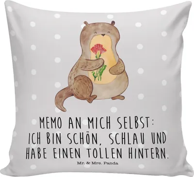 Produktbild von Mr. & Mrs. Panda Kuschel Kissen Otter Blumenstrauß - Grau Pastell - Geschenk, Seeotter, Selbstliebe, Polster, Sofakissen, kuschelkissen 40x40, Sofa, Positiv, Achtsamkeit