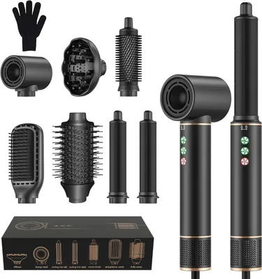 Zdjęcie produktu dla Stylizator do włosów 7 w 1 o mocy 1300 W, z prędkością 110 000 obrotów na minutę, wyposażony w szczotkę suszącą, suszarkę do włosów, lokówkę, prostownicę, dyfuzor oraz technologię jonową