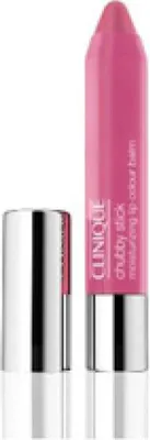A pink Clinique Chubby Stick Moisturizing Lip Colour Balm with its silver cap is shown against a white background.