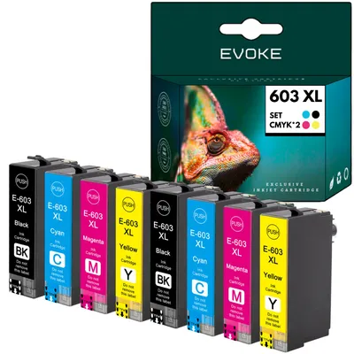 Image de Encres compatibles Evoke pour imprimantes Epson 603XL 603 XL T03A6 : 8 cartouches (2 noires + 2 cyan + 2 magenta + 2 jaunes) de 98 ml, pour environ 7760 pages. Compatible avec les modèles Expression Home XP-2100, 21[05/50/55], 31[00/05/50/55], 41[00/05/50/55] et WorkForce WF-2810DWF 28[20DWF/30DWF/35DWF/40DWF/45DWF/50DWF/70DWF]