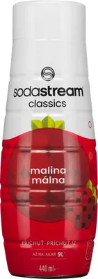 A bottle of Sodastream raspberry flavored syrup.