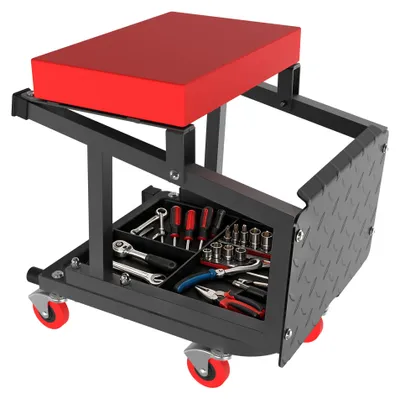 Produktbild von QEENTOE Werkstatthocker mit Rollen, Werkzeugablage &‑halter, 360° drehbar, 150 kg Tragkraft, Werkstatt‑ und Garagenhocker