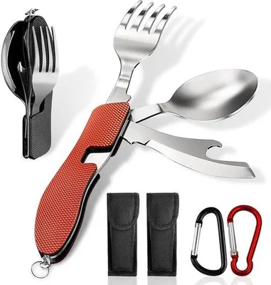 Zdjęcie produktu dla Składane sztućce - stal nierdzewna - kemping - outdoor - otwieracz do butelek - nóż - widelec - łyżka - 4 w 1 - zestaw 2 szt