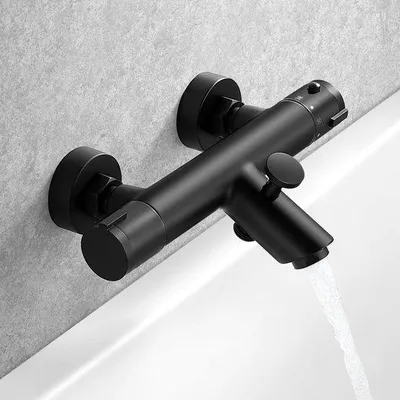 Image de Ensemble de robinetterie thermostatique noire pour bain et douche, en laiton massif, avec thermostat et verrouillage de sécurité à 38°C, température maximale : 2050°C